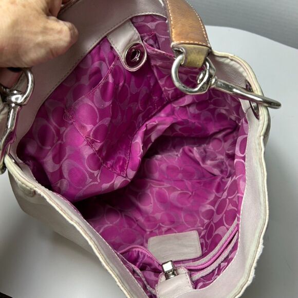 Coach #7459 Rare Ltd Ed Ivory Canvas Sage Leather Striped Strap Large Hobo Bag - Picture 7 of 15